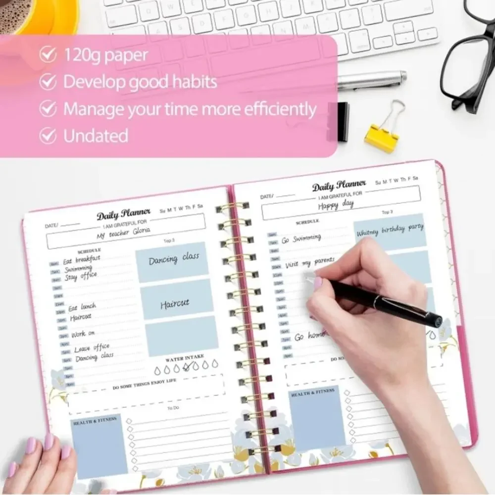 Daily Planner Organizer Undated Pink Task List Spiral Bound Notebook
